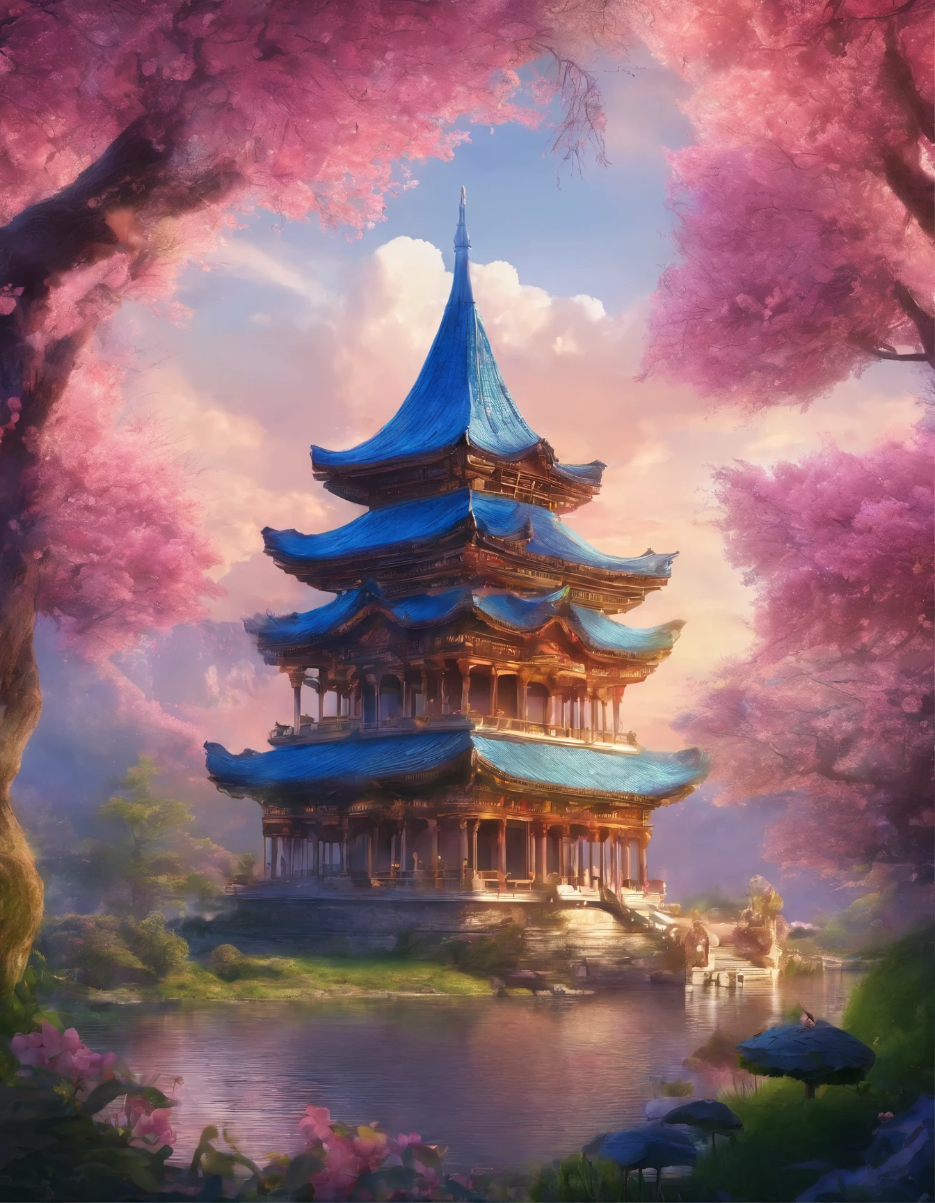 absurd, highres, ultra detailed, beautiful, masterpiece, best quality,Ancient temples, lush gardens, bright colors, quiet ponds, traditional architecture, cherry blossoms