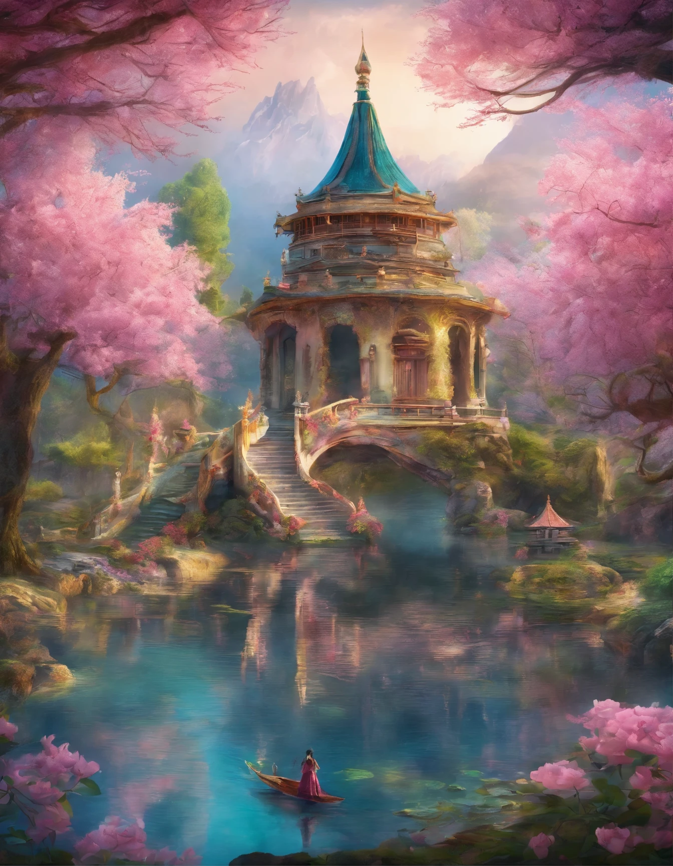 absurd, highres, ultra detailed, beautiful, masterpiece, best quality,Ancient temples, lush gardens, bright colors, quiet ponds, traditional architecture, cherry blossoms