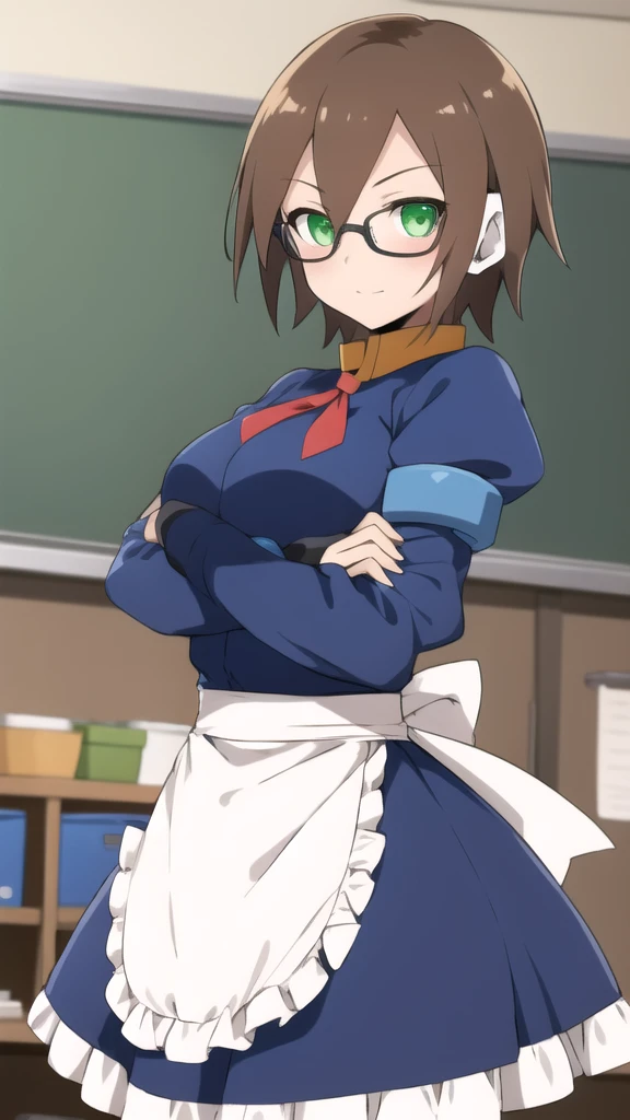 Aile_megamanzx, 1 girl, looking at viewer, Brown hair, green eyes ,classroom background , Glasses, Maid Clothes 