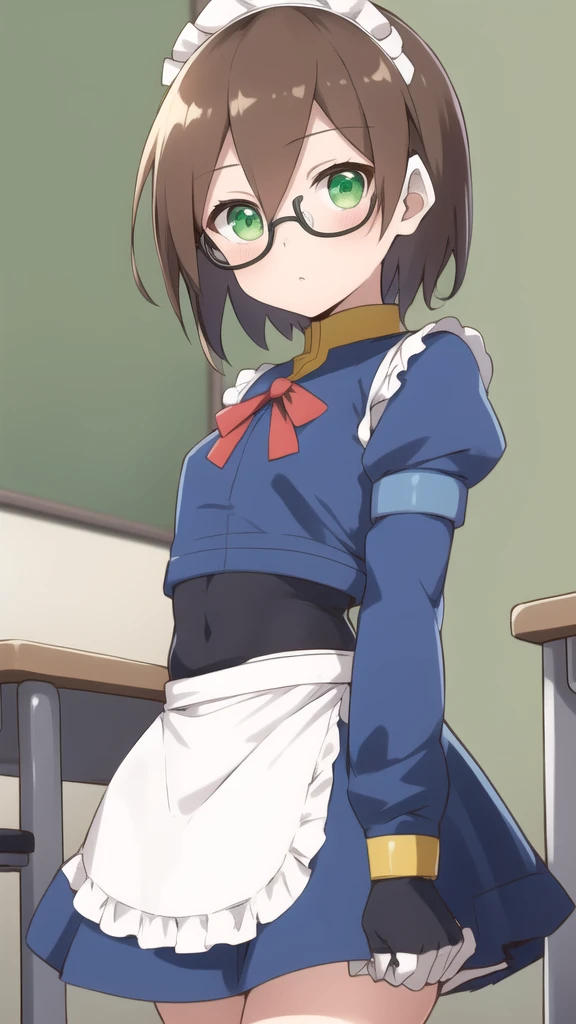 Aile_megamanzx, 1 girl, looking at viewer, Brown hair, green eyes ,classroom background , Glasses, Maid Clothes