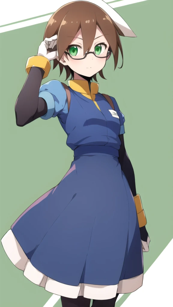 Aile_megamanzx, 1 girl, looking at viewer, Brown hair, green eyes ,classroom background , Glasses, Maid Clothes
