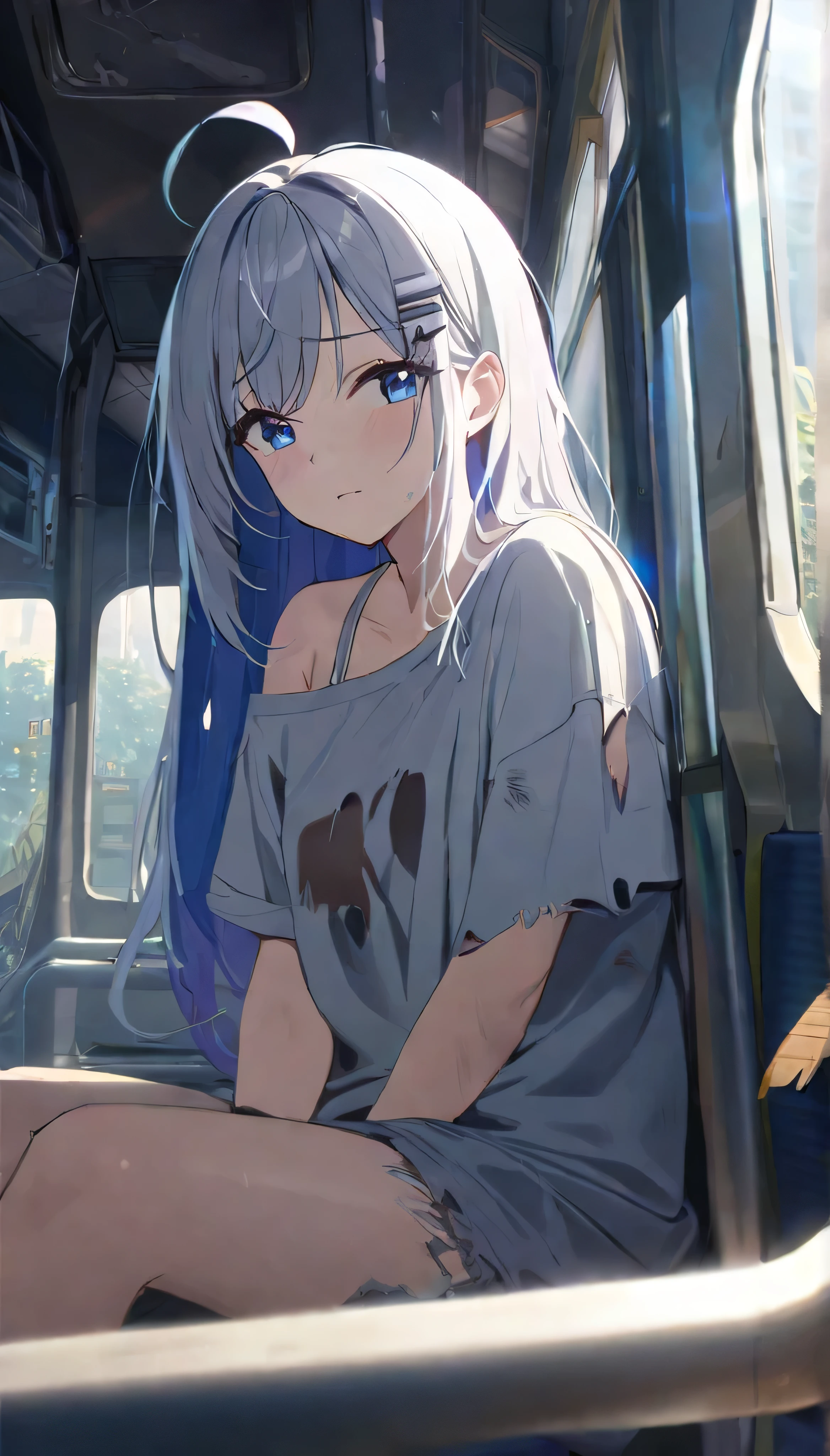 Resolution full, best quality, masterpiece, 8K,  cinematic lighting, best photography, full HD, very sharpener, best art, very accurate, depth of field,  beautifull girl, waifu, very accurate, beautifull girl, super detailed, 1girl, solo, long hair, ahoge hair, Her hair is messy and falls over her shoulders, silver hair, blue inner hair, black hair clip, detailed beautiful cyan eyes. grey T - shirt oversized, wound, dirty, (torn t-shirts, holey t-shirts, inside a destroyed train, girl sitting on a train seat, broken train window, train full of plants, overgrown train, destroyed train, post apocalypse, daytime, particle bokeh, sunlight), (Tired, tired expression), Depth of field.