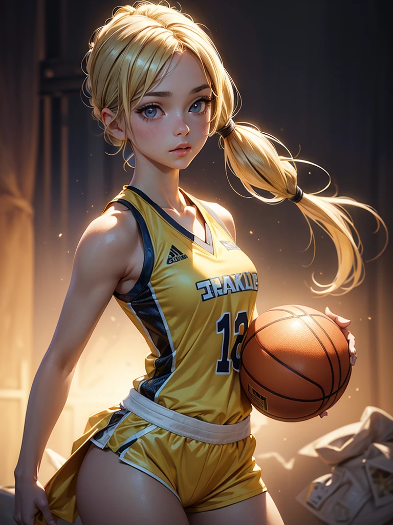 (masterpiece), (best quality), (detailed), light layer, 1solo girl, young girl, perfect body, blonde hair in pigtails, defined chest, defined collarbone, ultra realistic, photorealistic, detailed, ,Enhance, wearing a gold basketball jersey, gold booty short, 