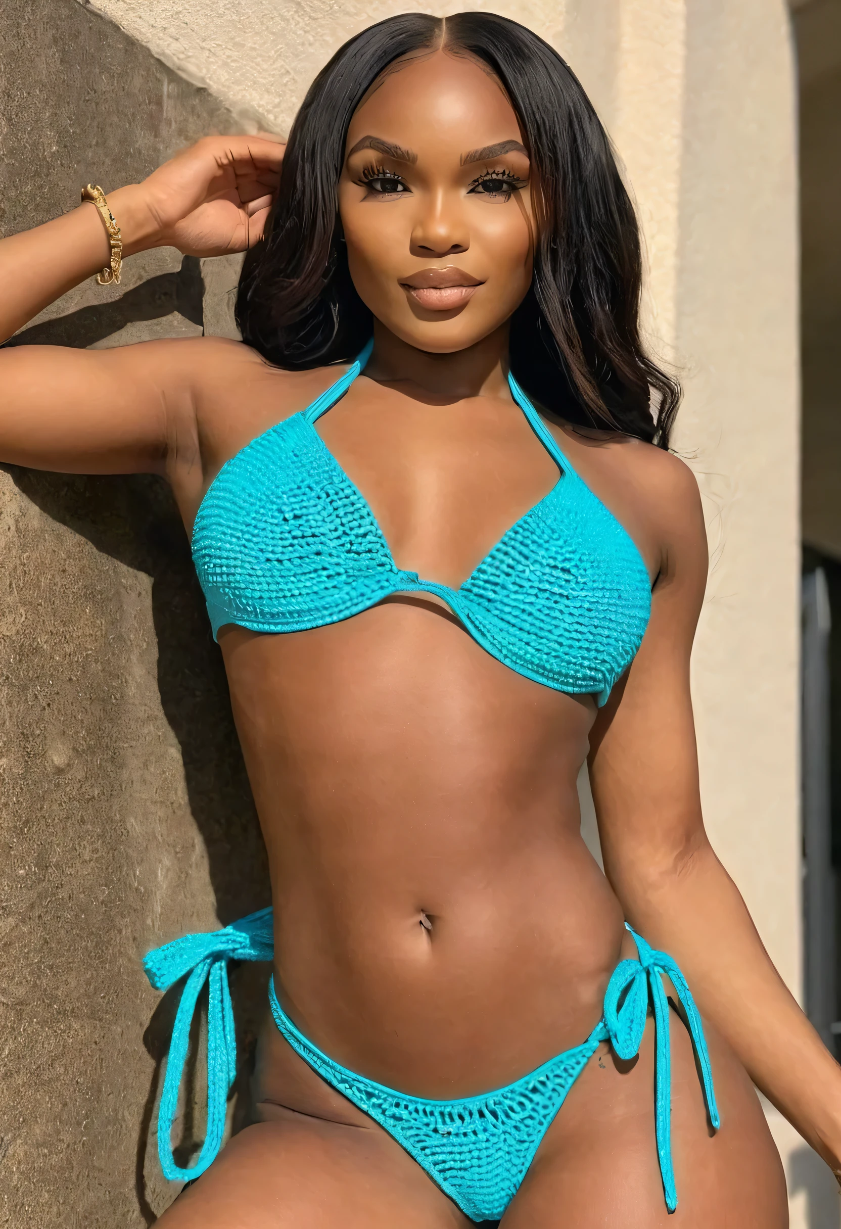 A beautiful fit and busty ebony girl, standing by the pool in a Caribbean resort, wearing a sexy string bikini with floral patterns, long black hair, amazing large breasts, desktop wallpaper, photorealistic, 8k, masterpiece, ultra-detailed, cinematic lighting, vibrant colors, beautiful skin, detailed eyes, nose and lips, elegant pose, serene environment, tropical foliage, clear blue sky, reflections in the pool