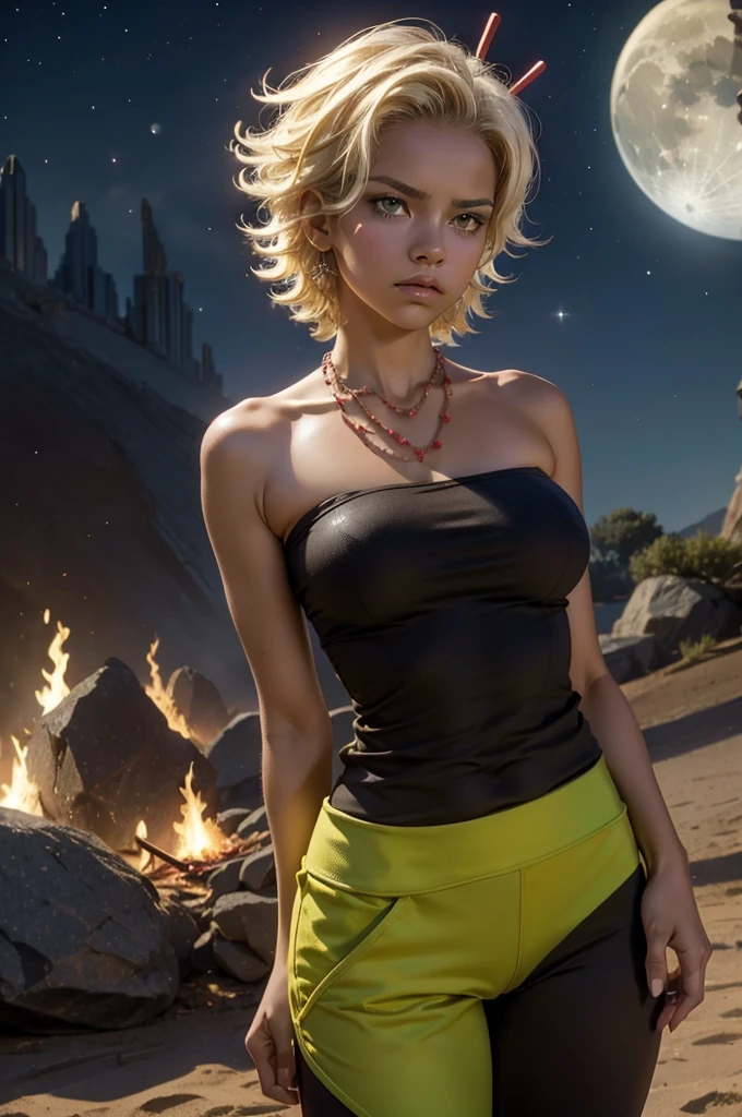 arslanaltan, 1girl, blonde hair, short hair, green eyes, dark skin, brown skin, hair ornament, t-shirt, bare shoulders, yoga pants, necklace, (Masterpiece, Best Quality, Highres:1.2), Detailed, Intricate Details, 4K, solo, cowboy shot, high rating, standing, city, bonfire, crowd, night, stars, moon, closed mouth, serious look, serious expression, looking at viewer,