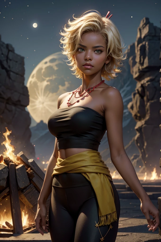 arslanaltan, 1girl, blonde hair, short hair, green eyes, dark skin, brown skin, hair ornament, t-shirt, bare shoulders, yoga pants, necklace, (Masterpiece, Best Quality, Highres:1.2), Detailed, Intricate Details, 4K, solo, cowboy shot, high rating, standing, city, bonfire, crowd, night, stars, moon, closed mouth, serious look, serious expression, looking at viewer,