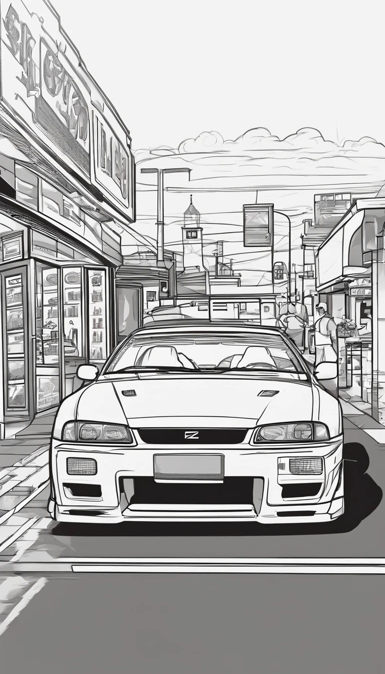 A Nissan GTR r33 in front of a 7-eleven convenience store with people around.