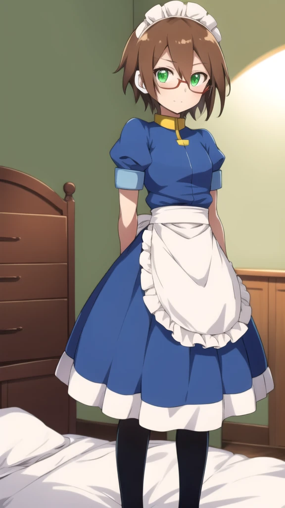 Aile_megamanzx, 1 girl, looking at viewer, Brown hair, green eyes ,bedroom background , Glasses, Maid Clothes 