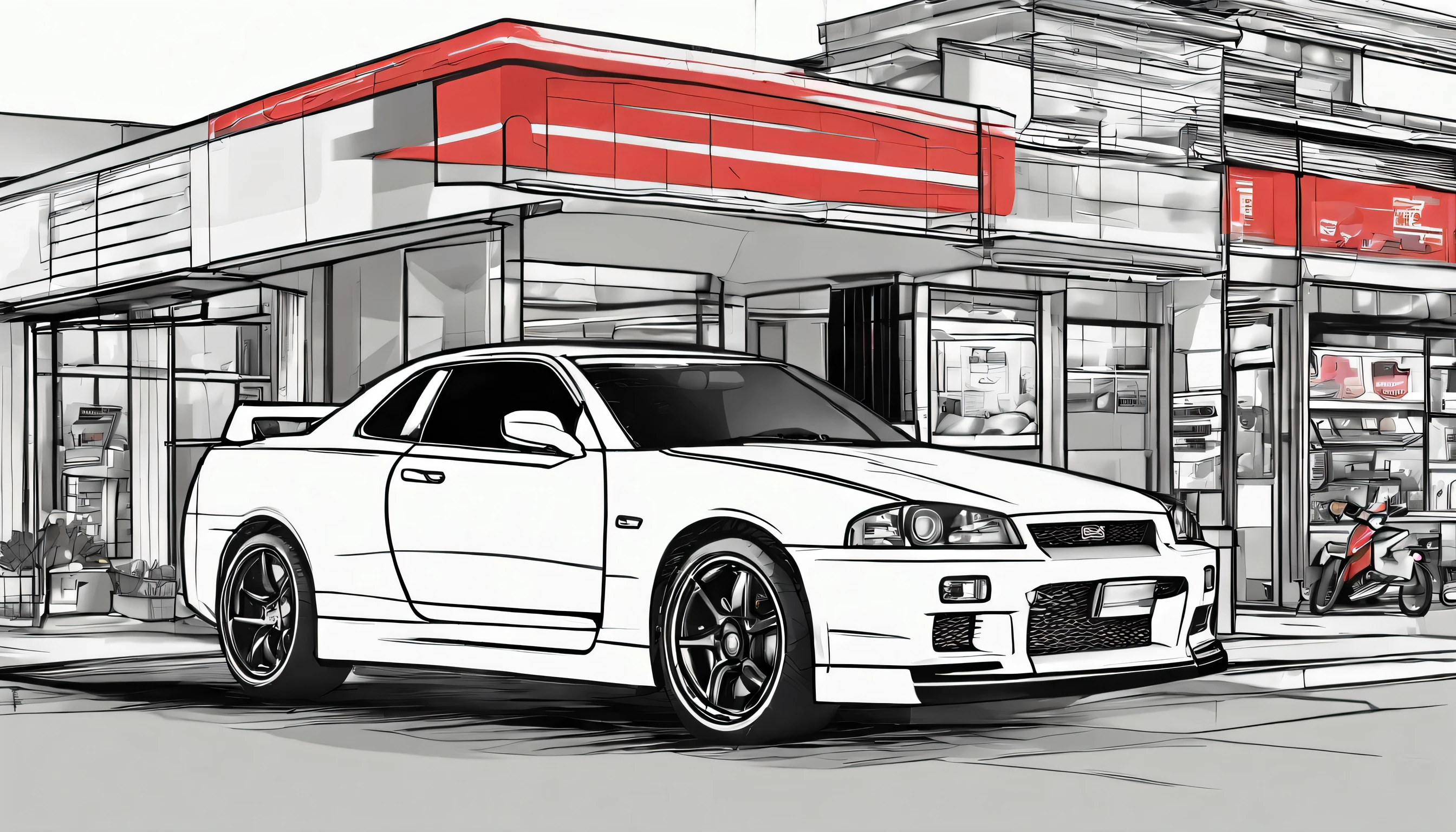A Nissan GTR r33 in front of a Family Mart convenience store with pedestrian around.