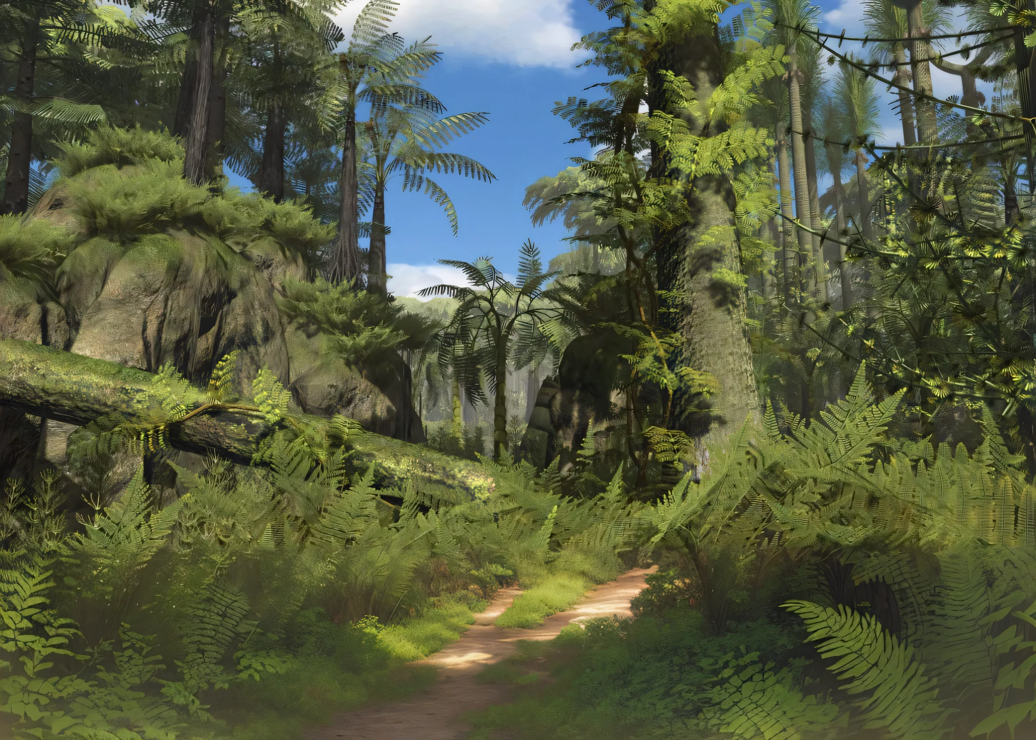a large group of trees in the forest against the sky, highly detailed environment, digital detailed environment, Jungle environment, Forest environment, overgrown Jungle environment, tree ferns, beautiful ancient forest, ancient forest, lush vegetation and ferns, ultradetailed environment, ancient wooden environment, Detailed trees and rocks, detailed environment, lush vegetation with ferns, a tropical forest, Lush Environment, sand in front, sandy glade