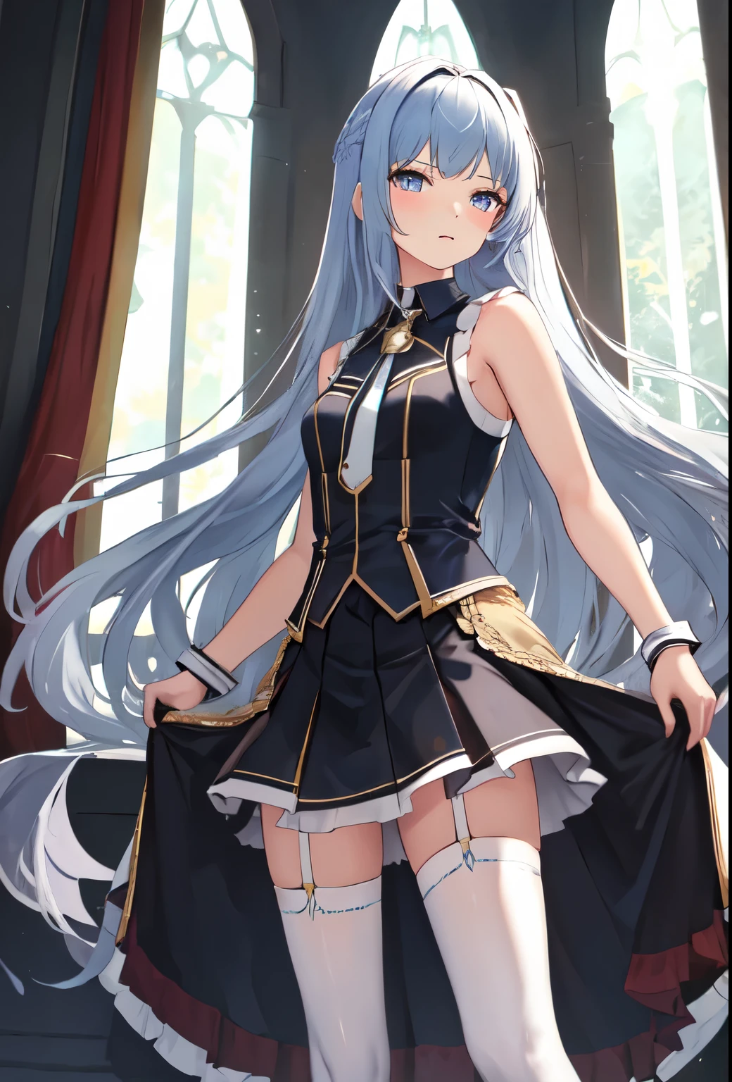 best quality, masterpiece, highres, solo, 1girl, skirt, sleeveless, very_long_hair, thighhighs, hair_down