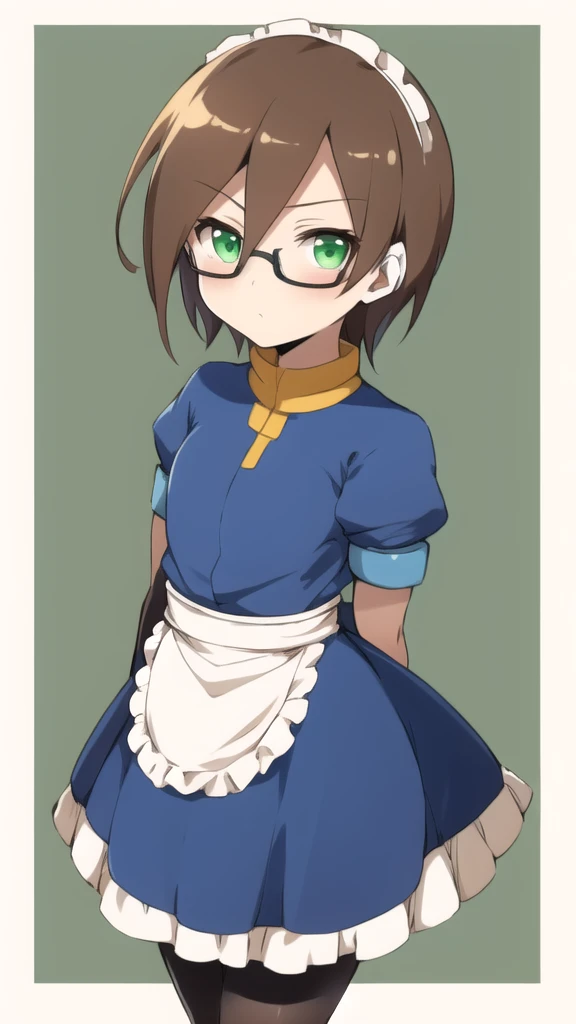 Aile_megamanzx, 1 girl, looking at viewer, Brown hair, green eyes ,bedroom background , Glasses, Maid Clothes 