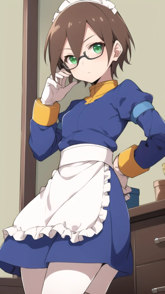 Aile_megamanzx, 1 girl, looking at viewer, Brown hair, green eyes ,bedroom background , Glasses, Maid Clothes 