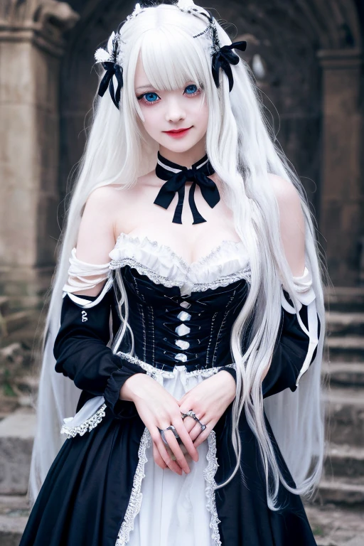 Cute girl,Highest,masterpiece,high resolution,Gothic,White Dress,Decorated,beautiful,White Hair,Long Hair,anime,Make your face super cute,Reduce exposure,