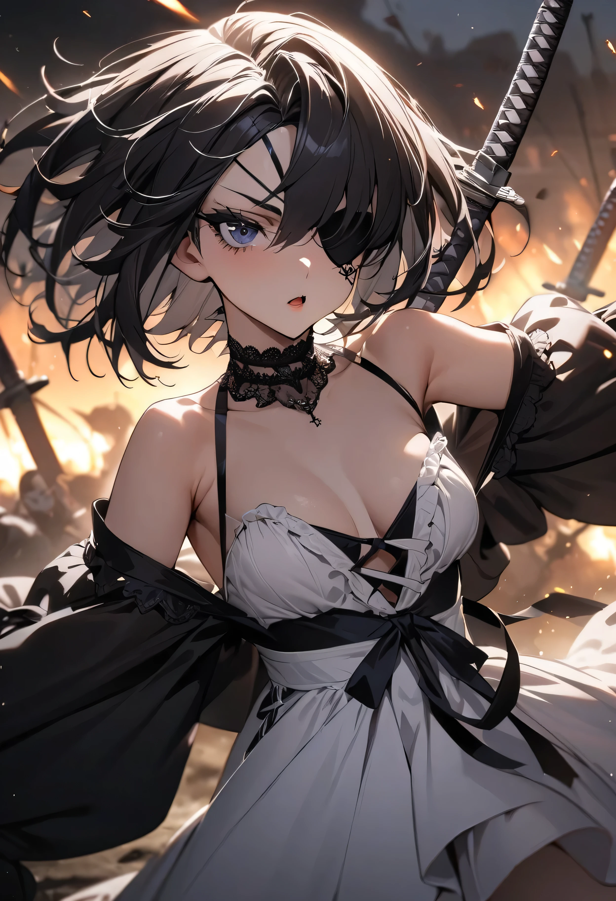 (masterpiece:1.2), (highest quality:1.2), Perfect Eyes, Perfect Face, Perfect lighting, One girl,bob, Complicated hairstyle, compensate, Thick eyelashes, Dressed as a goth girl, Black and white dress, Frills, ribbon, Puffy sleeves, Exposing shoulders, Lace choker,fighting,battle field,katana,Eye patch