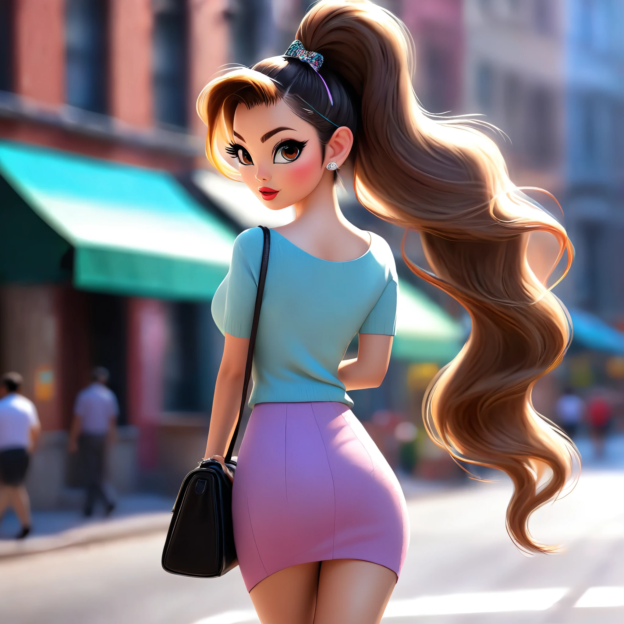 (a girl),cute woman,walking down the sidewalk,short mini skirt,mid day,lots of traffic,(viewed from behind),(head to toe),full body shot,happy expression,beautiful detailed eyes,beautiful detailed lips,(long eyelashes),(colorful makeup),ponytail hairstyle,(fancy accessories),(fit and attractive body),(confident posture),(high-heeled shoes),busy city street,pedestrians,cars passing by,urban environment,sunny weather,vibrant atmosphere,(fast-paced city life),(lively energy),(bright and vivid colors),(lively and energetic mood),sunny day lighting,ambient light,hustle and bustle life,nice weather for a walk
