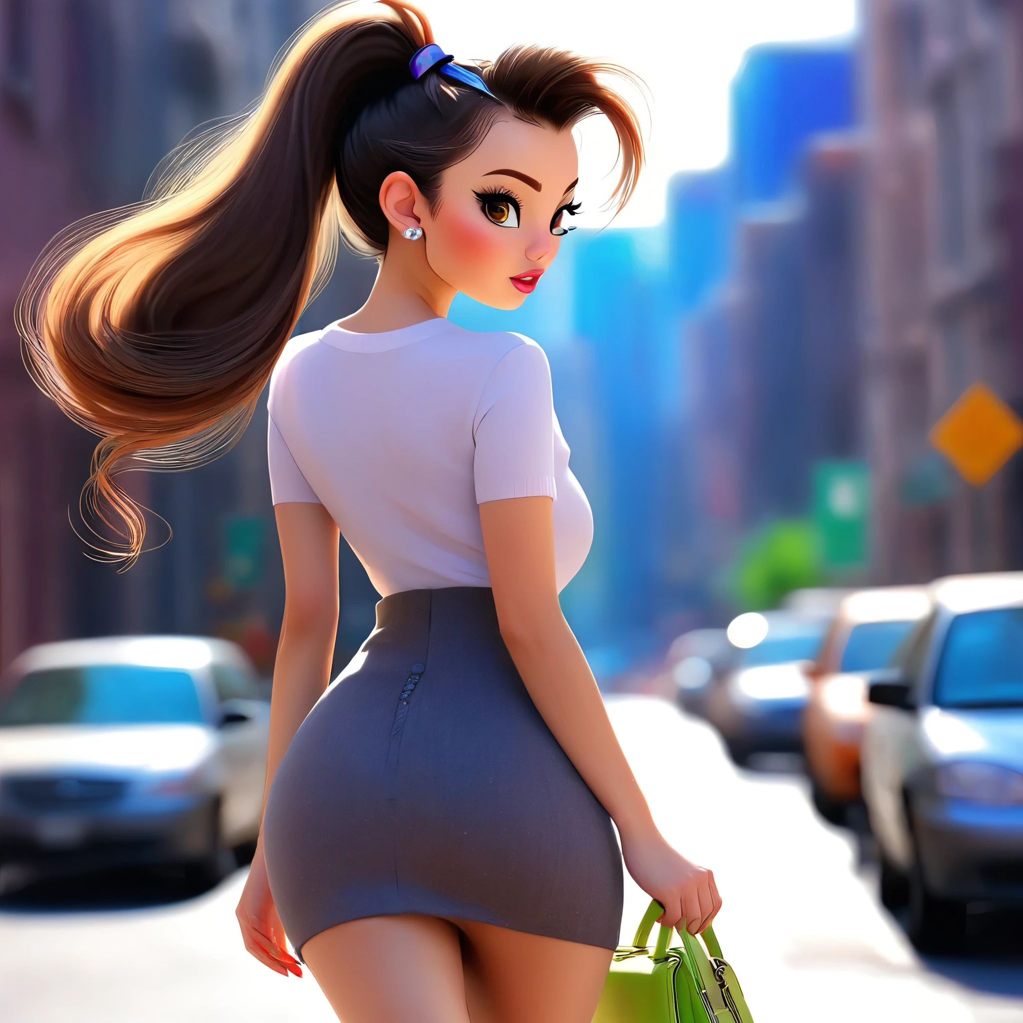 (a girl),cute woman,walking down the sidewalk,short mini skirt,mid day,lots of traffic,(viewed from behind),(head to toe),full body shot,happy expression,beautiful detailed eyes,beautiful detailed lips,(long eyelashes),(colorful makeup),ponytail hairstyle,(fancy accessories),(fit and attractive body),(confident posture),(high-heeled shoes),busy city street,pedestrians,cars passing by,urban environment,sunny weather,vibrant atmosphere,(fast-paced city life),(lively energy),(bright and vivid colors),(lively and energetic mood),sunny day lighting,ambient light,hustle and bustle life,nice weather for a walk
