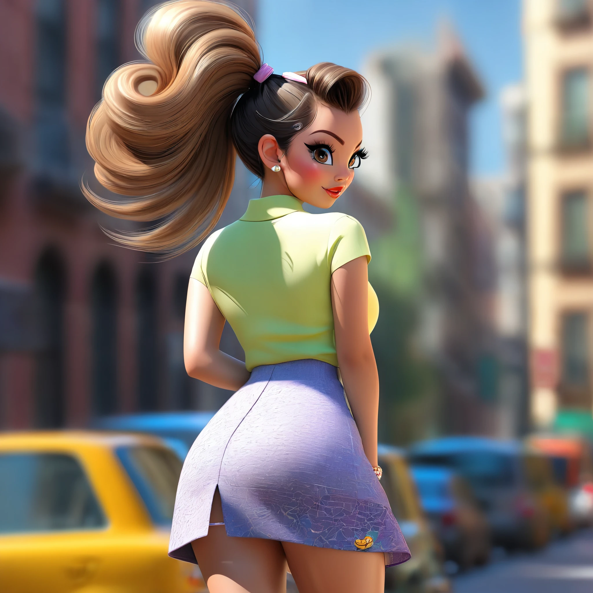 (a girl),cute woman,walking down the sidewalk,short mini skirt,mid day,lots of traffic,(viewed from behind),(head to toe),full body shot,happy expression,beautiful detailed eyes,beautiful detailed lips,(long eyelashes),(colorful makeup),ponytail hairstyle,(fancy accessories),(fit and attractive body),(confident posture),(high-heeled shoes),busy city street,pedestrians,cars passing by,urban environment,sunny weather,vibrant atmosphere,(fast-paced city life),(lively energy),(bright and vivid colors),(lively and energetic mood),sunny day lighting,ambient light,hustle and bustle life,nice weather for a walk