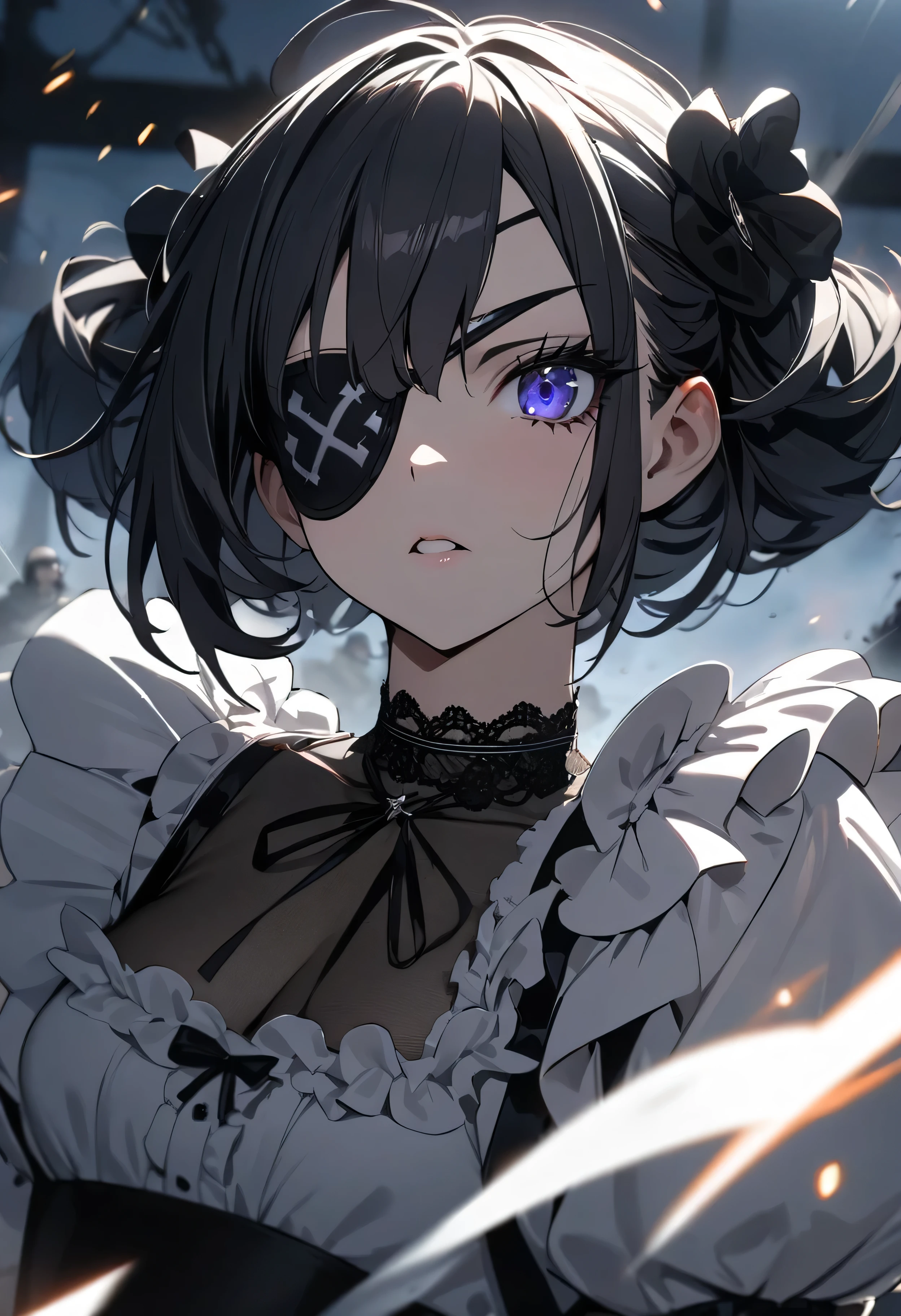 (masterpiece:1.2), (highest quality:1.2), Perfect Eyes, Perfect Face, Perfect lighting, One girl,bob, Complicated hairstyle, compensate, Thick eyelashes, Dressed as a goth girl, Black and white dress, Frills, ribbon, Puffy sleeves, Exposing shoulders, Lace choker,fighting,battle field,katana,Eye patch