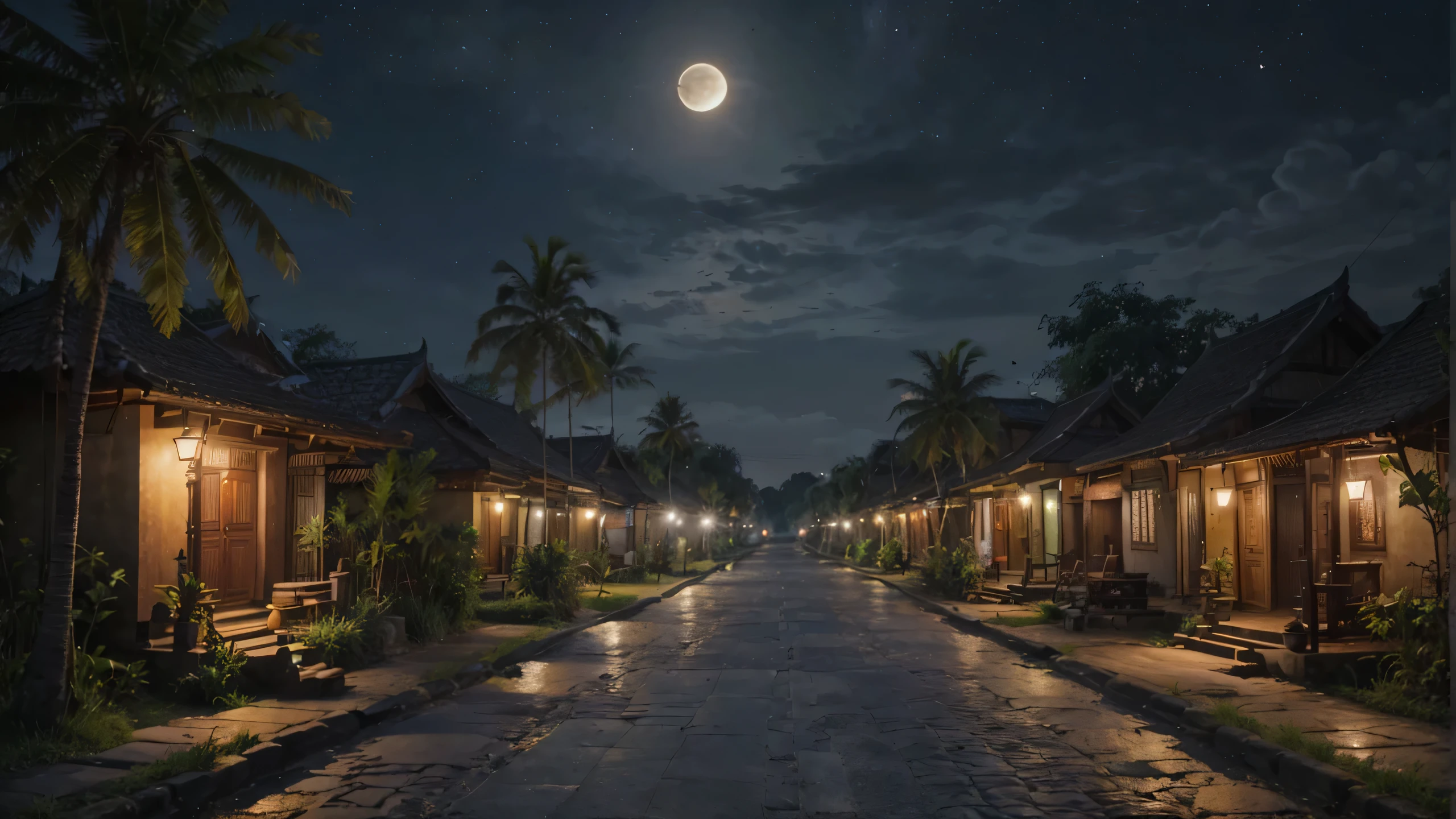 create a typical Javanese Indonesian village at night, the paved road, the sky looks bright, the moon shines brightly and the stars twinkle, realistic, bright lighting, aesthetic