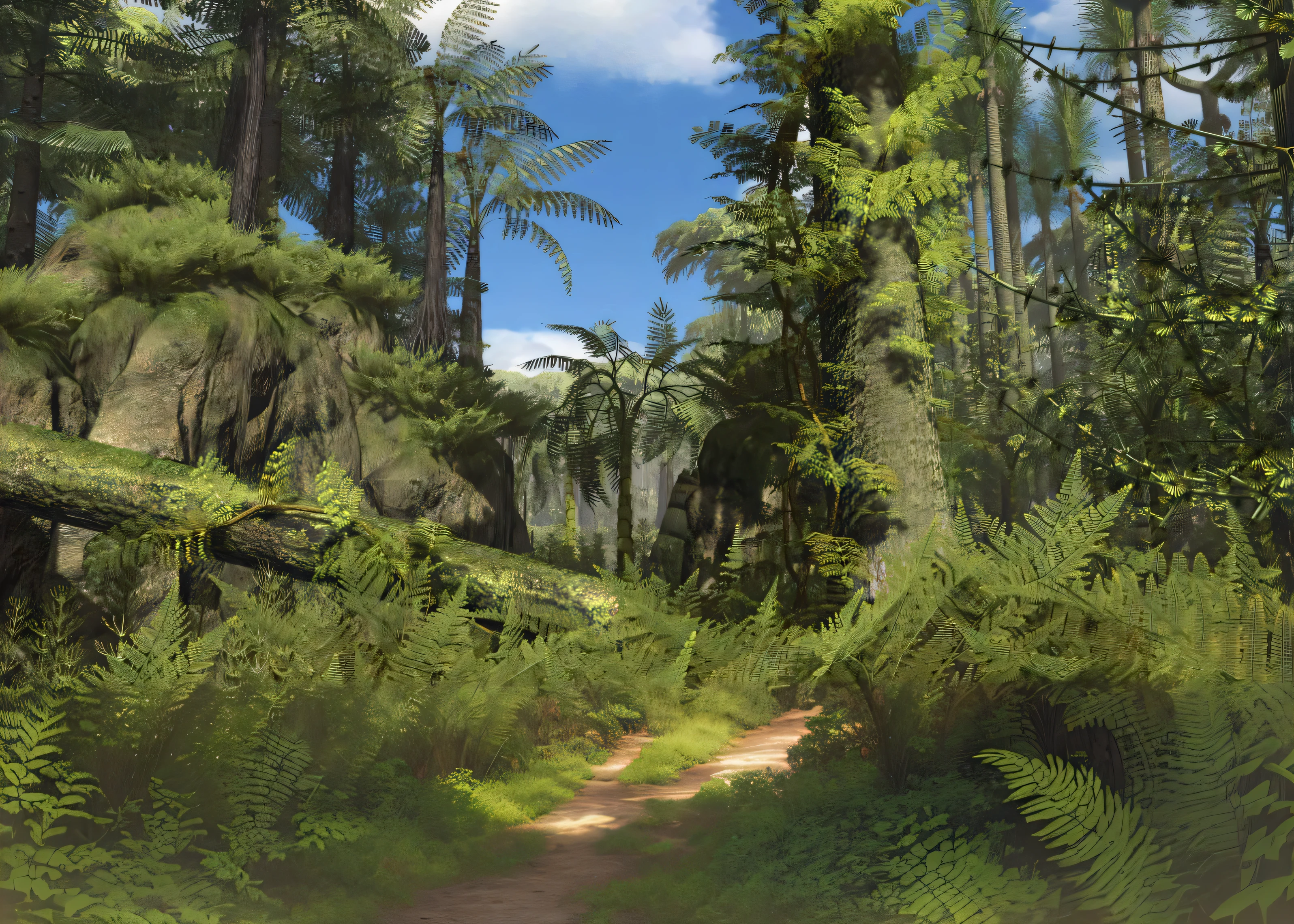 a large group of trees in the forest against the sky, highly detailed environment, digital detailed environment, Jungle environment, Forest environment, overgrown Jungle environment, tree ferns, beautiful ancient forest, ancient forest, lush vegetation and ferns, ultradetailed environment, ancient wooden environment, Detailed trees and rocks, detailed environment, lush vegetation with ferns, a tropical forest, Lush Environment, sand in front, sandy glade