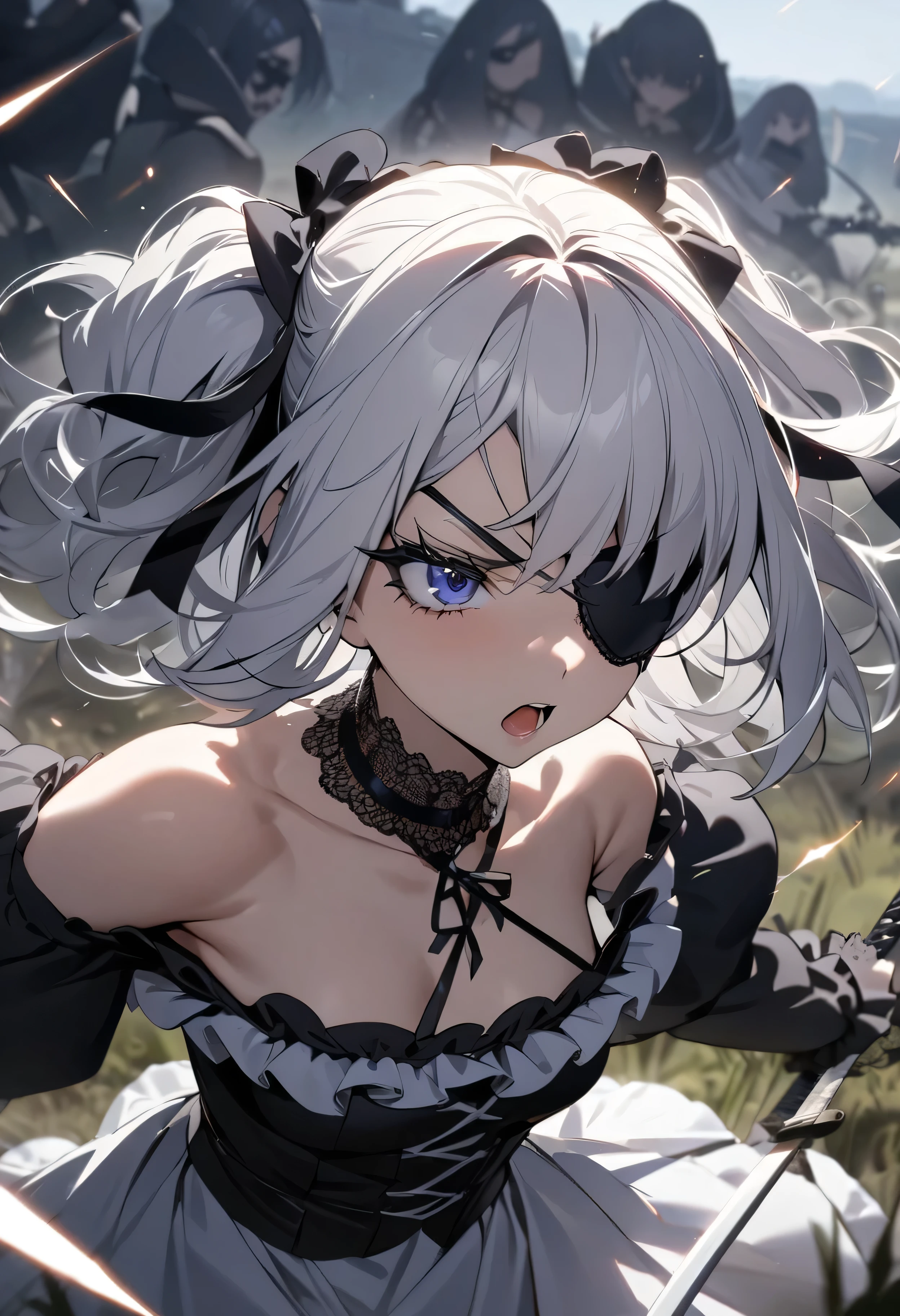 (masterpiece:1.2), (highest quality:1.2), Perfect Eyes, Perfect Face, Perfect lighting, One girl,bob, Complicated hairstyle, compensate, Thick eyelashes, Dressed as a goth girl, Black and white dress, Frills, ribbon, Puffy sleeves, Exposing shoulders, Lace choker,fighting,battle field,katana,Eye patch