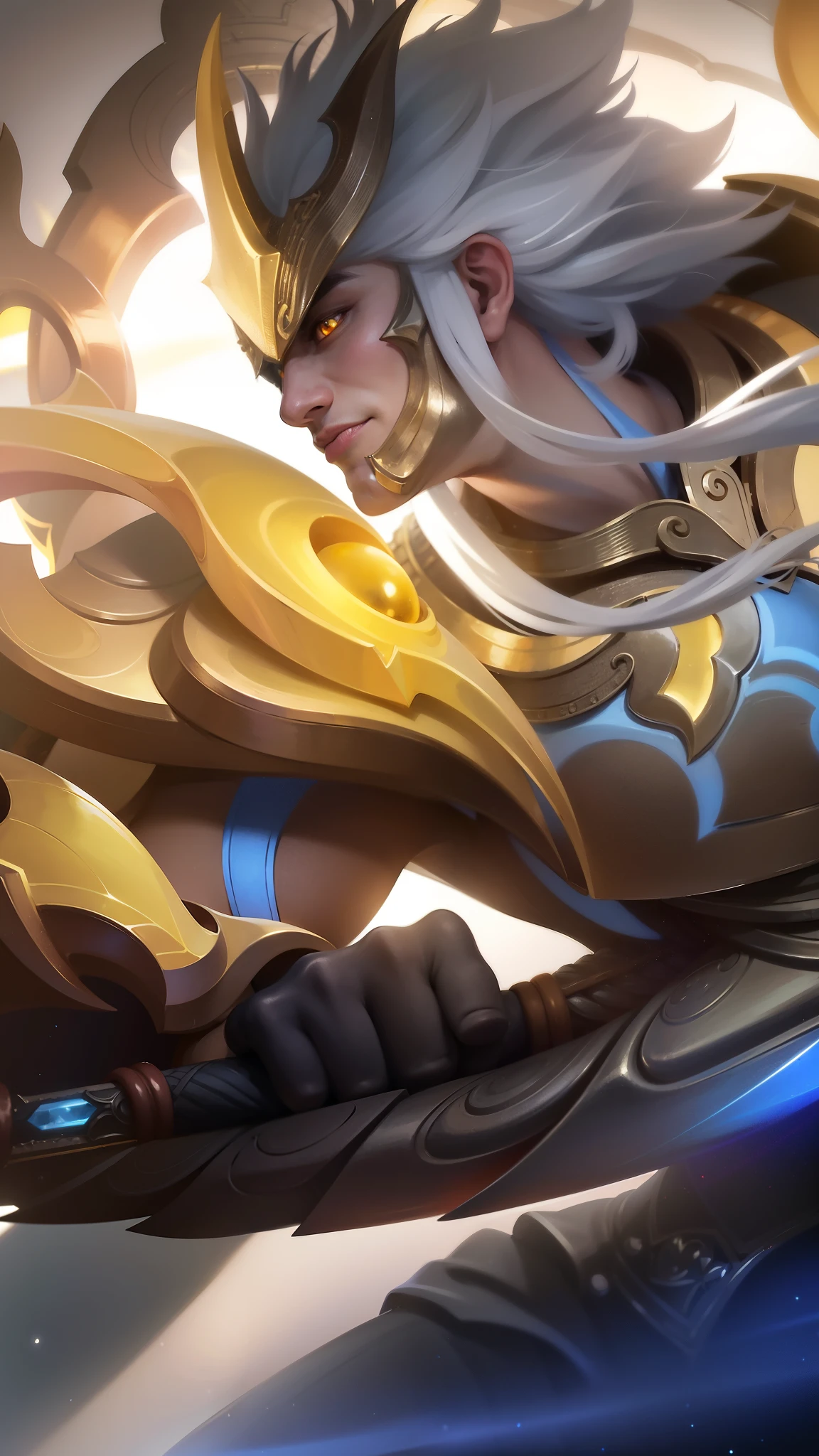 a guy with a sword and a helmet, Masterpiece, ultra HD, detailed all picture, a close up of a devil, dyrroth from mobile legend, evil, extremely detailed artgerm, mobile legends character, inspired by Dyrroth, Six pack chest and abs, black jewel above the chest, light yellow eyes, angry.