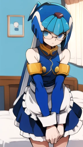 Leviathan Megaman 1 girl, looking at viewer, blue hair, Blue eyes, bedroom background, glasses, Maid Clothes 