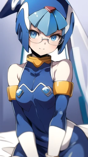 Leviathan Megaman 1 girl, looking at viewer, blue hair, Blue eyes, bedroom background, glasses, Maid Clothes