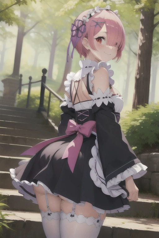 masterpiece, best quality, highres, ram1, 1girl, solo, standing, focus on her ass, back to the viewer, walking up stairs, ram \(re:zero\), pink hair, white thighhighs, short hair, red eyes, hair over one eye, ribbon trim, hair ribbon, x hair ornament, frills, maid headdress, waist apron, garter straps, black ribbon, small breasts, huge ass, huge thighs, narrow waist, wide hips, thick thighs, long sleeves, white apron, neck ribbon, purple ribbon, wide sleeves, hair flower, skirt that only covers the front, showing underwear, blushing,sweating, (breathing hard), (panting), anime, smile, outdoors, (masterpiece:1.2), highres, best quality, 8k, very clear,