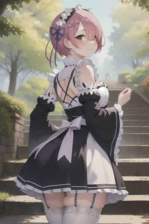 masterpiece, best quality, highres, ram1, 1girl, solo, standing, focus on her ass, back to the viewer, walking up stairs, ram \(re:zero\), pink hair, white thighhighs, short hair, red eyes, hair over one eye, ribbon trim, hair ribbon, x hair ornament, frills, maid headdress, waist apron, garter straps, black ribbon, small breasts, huge ass, huge thighs, narrow waist, wide hips, thick thighs, long sleeves, white apron, neck ribbon, purple ribbon, wide sleeves, hair flower, skirt that only covers the front, showing underwear, blushing,sweating, (breathing hard), (panting), anime, smile, outdoors, (masterpiece:1.2), highres, best quality, 8k, very clear,