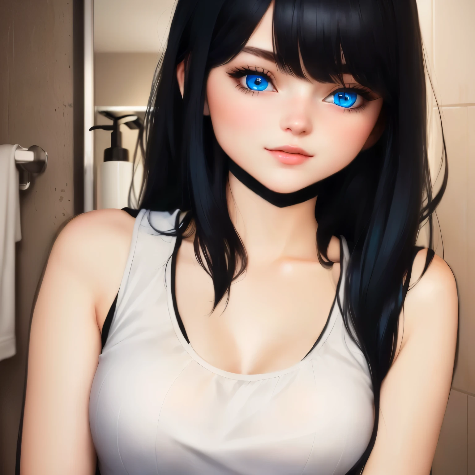 cute girl with long black hair and blue eyes in a bathroom, realistic girl artstyle, attractive cute girl, realistic young cute girl, seductive cutegirl,  semi realistic girl , realistic girl 3 d style,   