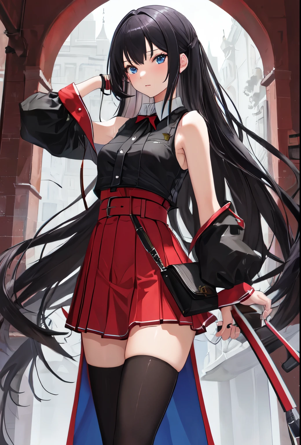 best quality, masterpiece, highres, solo, 1girl, skirt, sleeveless, very_long_hair, thighhighs, hair_down