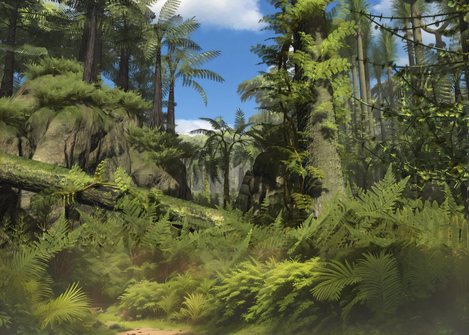 a large group of trees in the forest against the sky, highly detailed environment, digital detailed environment, Jungle environment, Forest environment, overgrown Jungle environment, tree ferns, beautiful ancient forest, ancient forest, lush vegetation and ferns, ultradetailed environment, ancient wooden environment, Detailed trees and rocks, detailed environment, lush vegetation with ferns, a tropical forest, Lush Environment, sand in front, sandy glade
