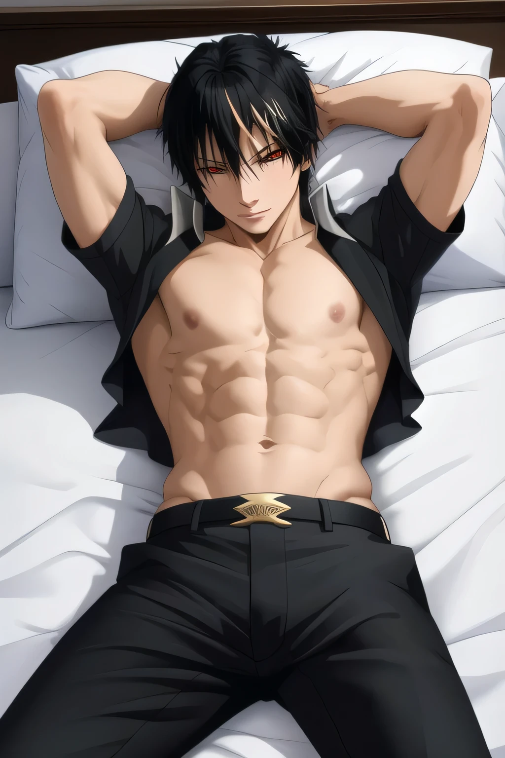 masterpiece, best quality, high quality, 1boy, solo, male focus, shirt off, black pants, black hair, gold eyes, other hand behind head, full view, lying on bed, waist.