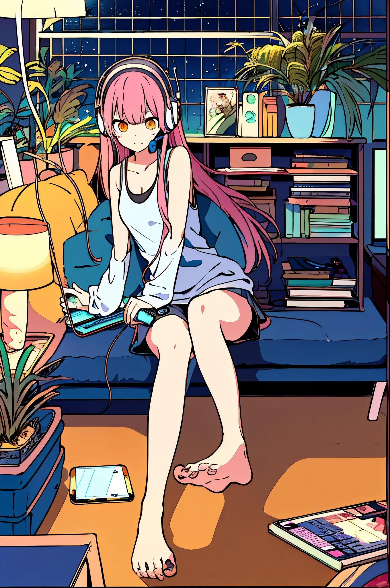 One Girl, From above, plant, Black Hair, Cat, Lying down, indoor, Holding, Long sleeve, Long Hair, 動物のstuffed toy, potted plant, Book, food, window, Telephone, Fully equipped interior, tv set, behind, stuffed toy, bangs, slipper, barefoot, Sitting, Bookcase, shelf, cable, computer、Tank top、headset、sexy、Pink Hair、windowに向かって背伸び、Laziness、Fan、Unmotivated face