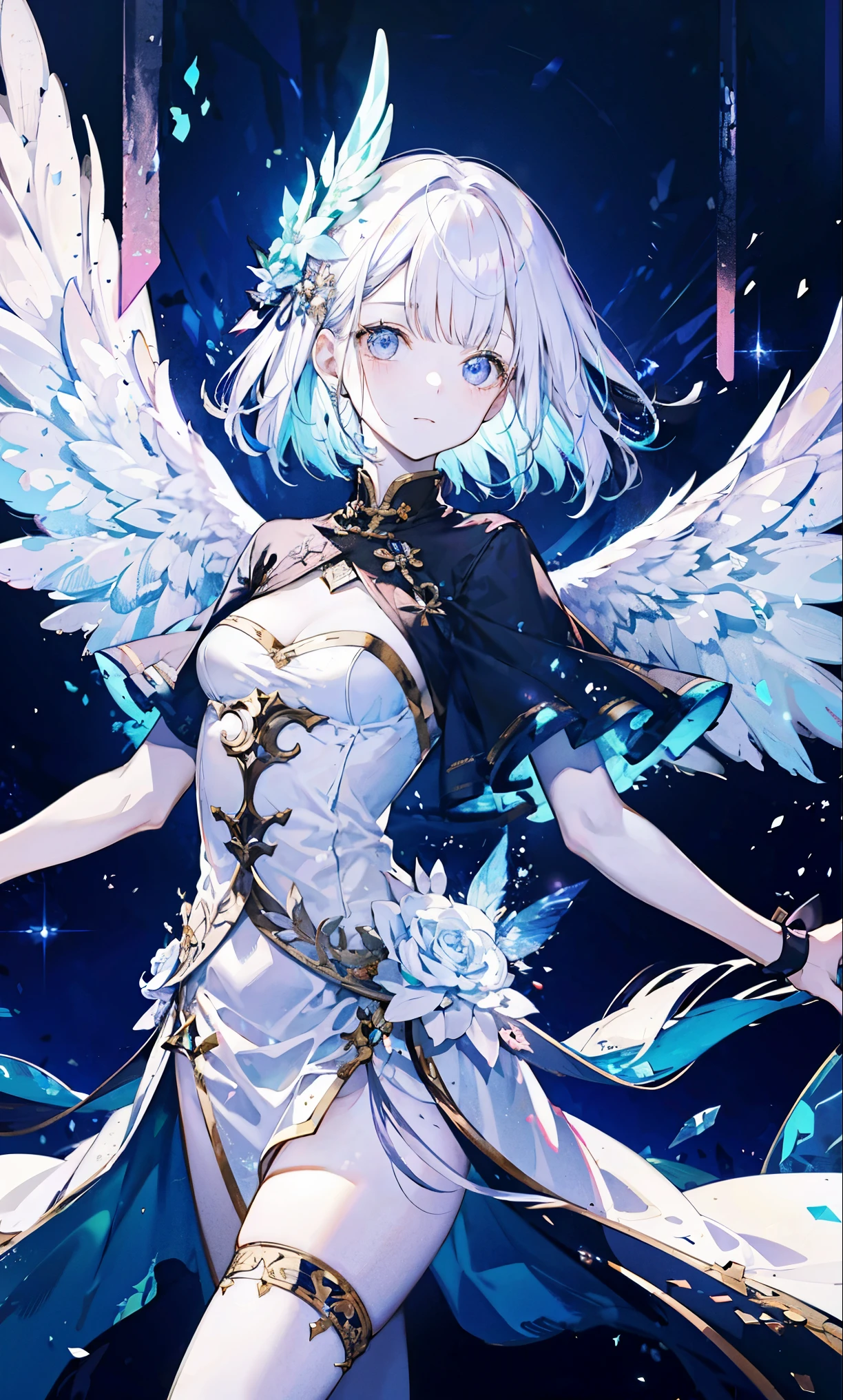 The angel is depicted with a pale and glowing cot has heterochromatic eyes.、Its skin seems to radiate an otherworldly glow。he、Symbol of divinity、Decorated with a pair of shining Fair wings。This scene is so wonderful.、它捕捉了這些天體的美麗和mystery。Angelic、pale、glow、color、shine、A rare treasure、Brilliance、shine、Fair、wingspan、sanctity、Fair、charming、beauty、mystery。