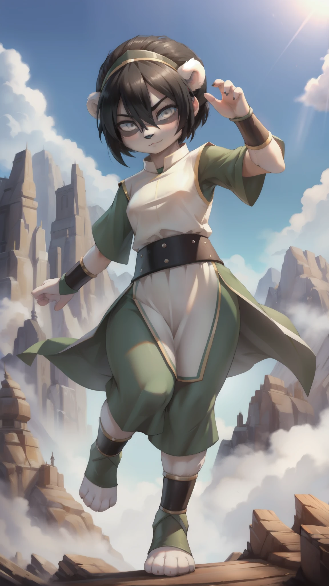 Toph Beifong, furry female, panda bear, panda body fur, two tone body fur, black body fur, white body fur, black hair, white eyes, ((Toph Beifong outfit)), small breasts, detailed body fur, detailed body, detailed face, detailed eyes, glistering body, shiny body, skinny, :3, solo, body fur, (best quality), cinematic lighting, anime style, full body, feets with three toes, mountain, clear sky,