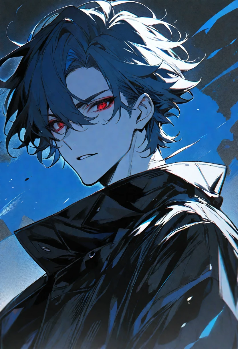 solo, handsome, 1 male, short hair, blue hair, red eyes, black coat, monochrome background