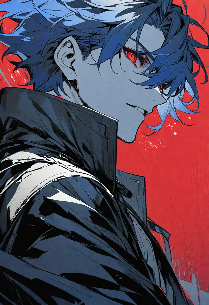 solo, handsome, 1 male, short hair, blue hair, red eyes, black coat, monochrome background