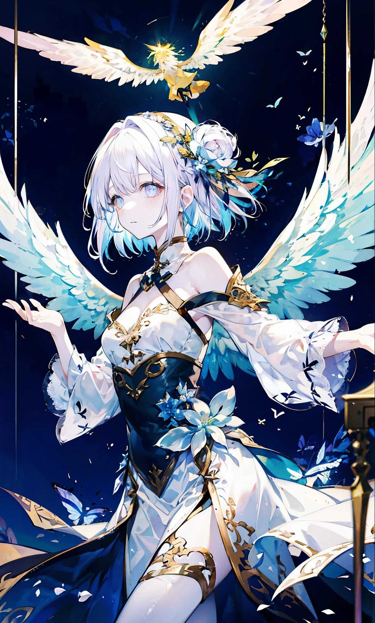 The angel is depicted with a pale and glowing cot has heterochromatic eyes.、Its skin seems to radiate an otherworldly glow。he、Symbol of divinity、Decorated with a pair of shining Fair wings。This scene is so wonderful.、它捕捉了這些天體的美麗和mystery。Angelic、pale、glow、color、shine、A rare treasure、Brilliance、shine、Fair、wingspan、sanctity、Fair、charming、beauty、mystery。