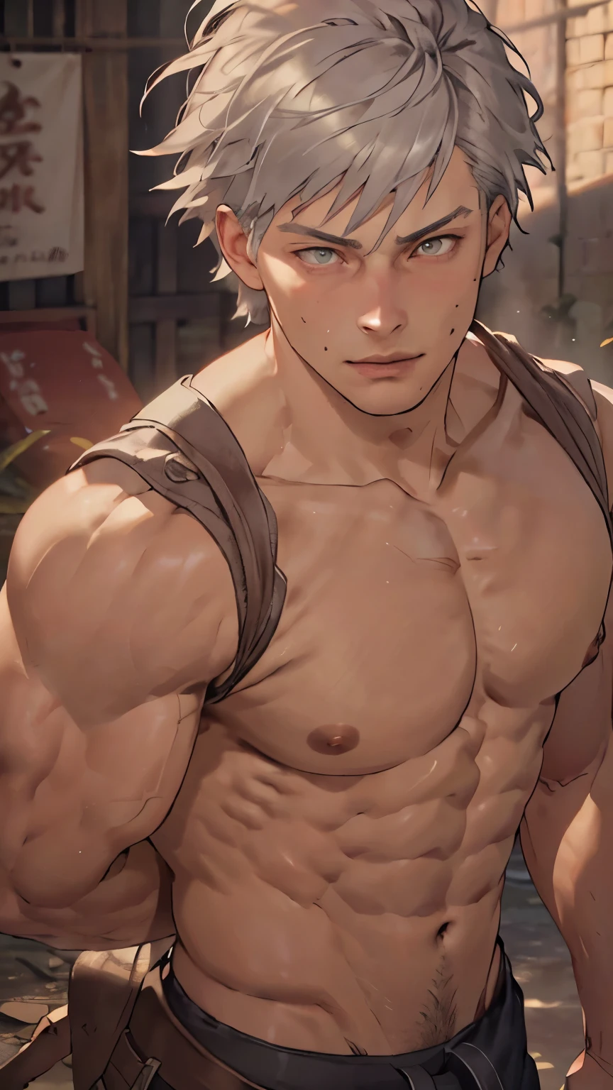 ((the best quality)), ((Masterpiece)), (details), perfect face, high definition, Masterpiece,4k,details clearly, Handsome face, white skin, perfect body, male body, strong muscles, wavy abdominal muscles, Abs, dark Brown eyes, white skin, The most handsome man in the world, handsome, The coolest face, Male characters, challenge, Show off your body, Strong breasts, beautiful eyes((eyes detailed, Open eyes)), look clearly., Gray Hair, short hair((hair detailed)), mouth detailed, combat, 1man, nipples detailed, Japanese pants, man, tall man, Storytelling images, ((extremely realistic shadows), shirtless, eyes contact