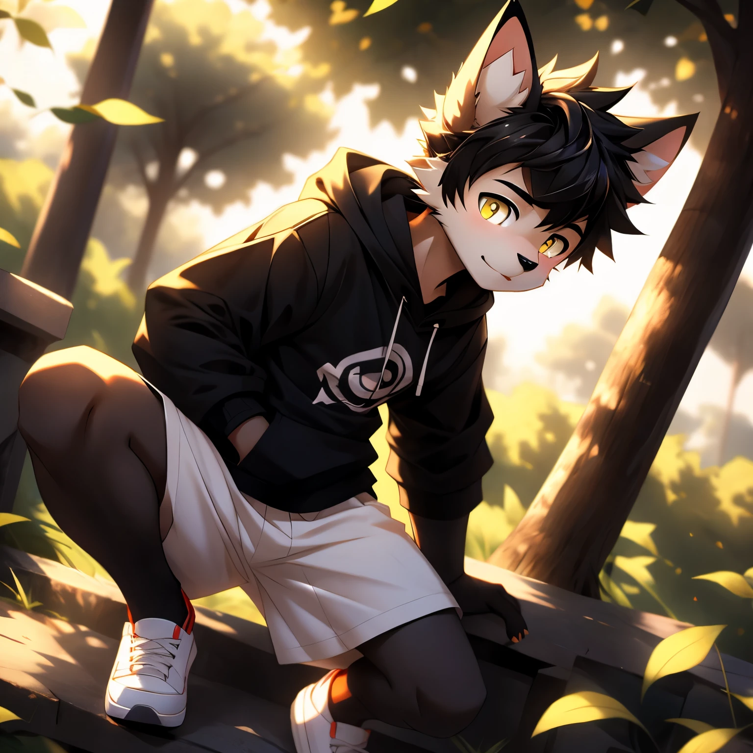 A black cat, furry, furry guy, , 17 year old shota furry teen, whit yellow eyes, yellow eyes, black cat furry boy, Cute hoodie, cute shorts, wearing a hoodie and shorts, tween, teen, Teenager, 15 years old, twink, adf age, twink, 20 years old, furry adult, One boy, only one person, furry boy alone