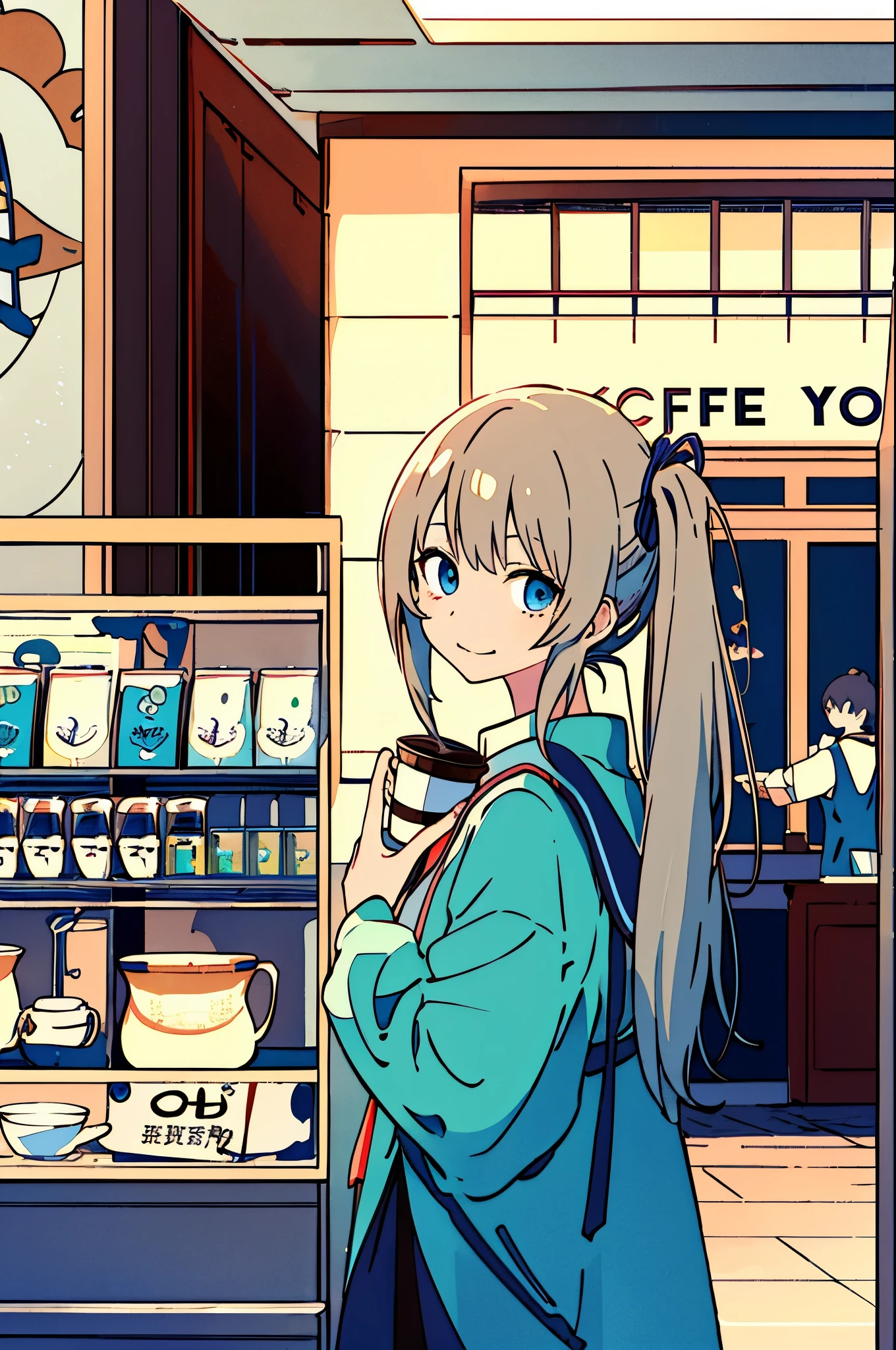 Anime Art Wallpapers 8K, 4K Anime Style, Anime Wallpaper, One Woman、Cafe staff、random、Soft look、Cute atmosphere、Female university student、cawaii、Stylish atmosphere、Eyes twinkle、Shake your head、coffee、I work in a cafe、Looking Back、ponytail、Raised corners of the mouth、Waving、Shake your head