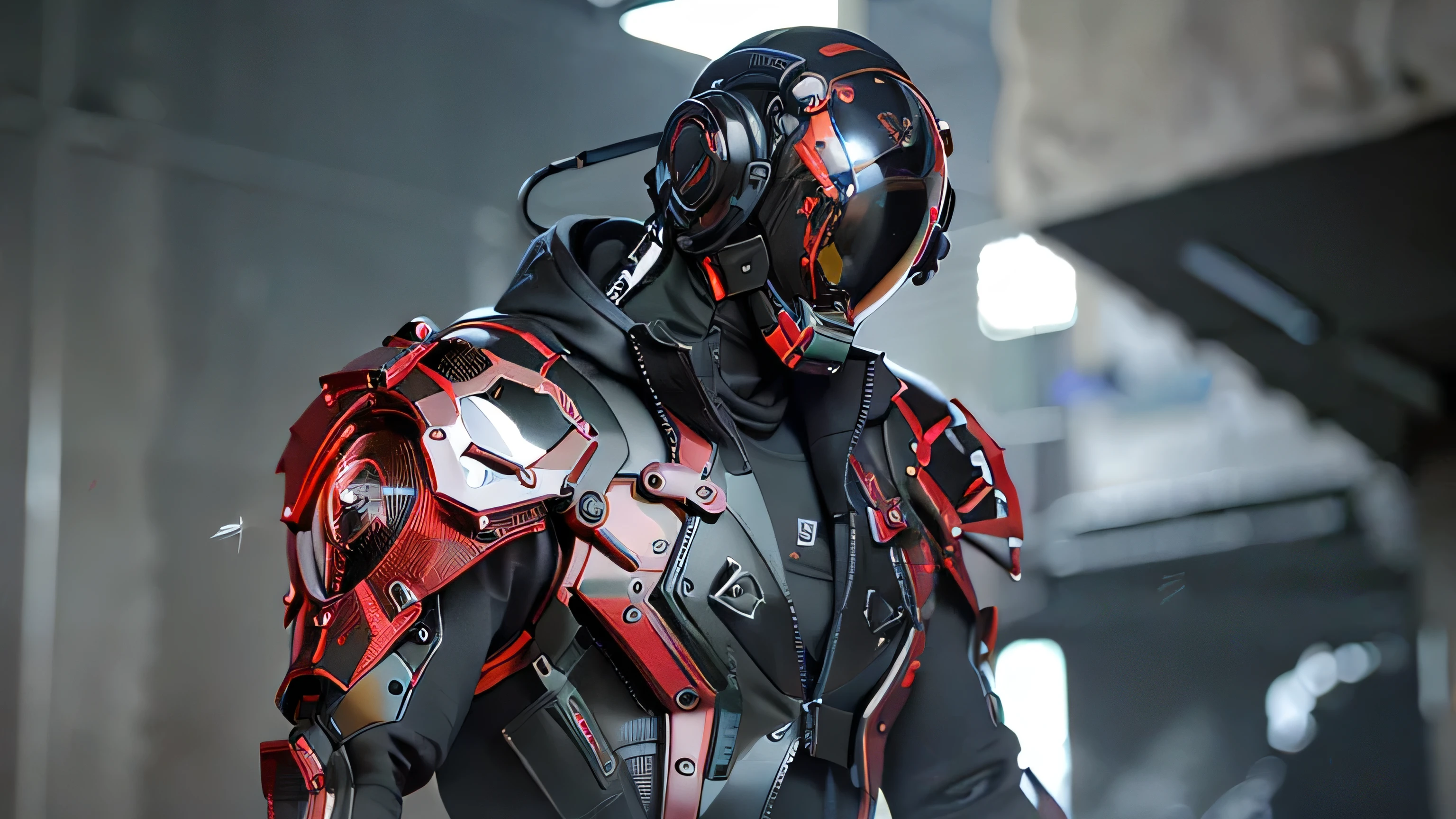 sci-fi style masterpiece, complex detailed, best quality, hdr, 1person semi-biomechanical alien, cybernetic helmet, outside, black jacket, techwear, futuristic, advanced technology, red, sophisticated high-end luxury