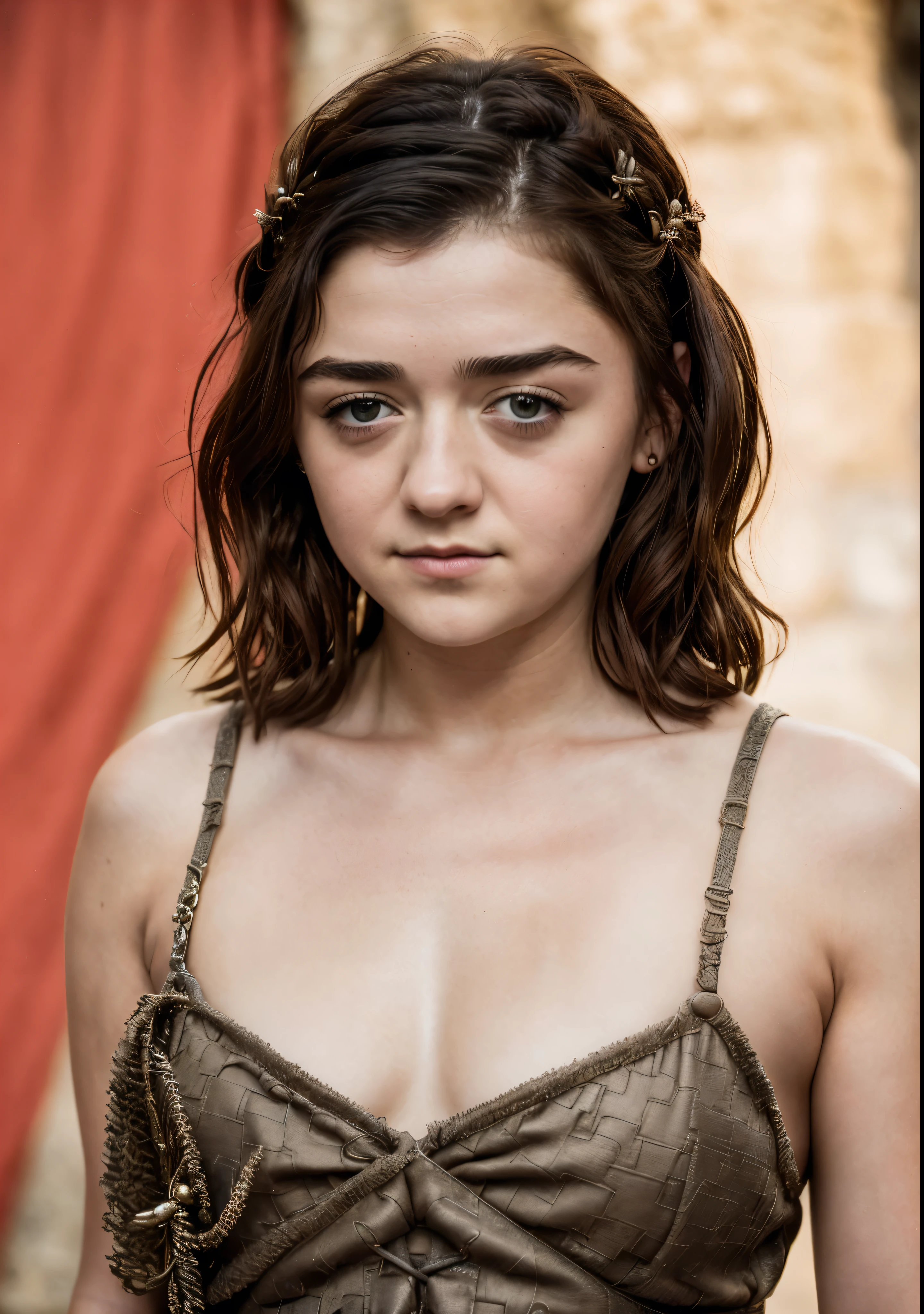 Foto RAW, RAW photograph of Maisie Williams, Arya Stark, Extremely gorgeous lady, Arya Stark PLAYED BY MAISIE WILLIAMS, Queen Arya Stark, she a mature woman now, milf, sexy mediaeval battle dress, gladiator woman, body, 40 years old Woman,styled hair, fantasy movie character, body revealing costumes, perky breast, skin pores, big natural breast, erotic costumes, lusty physique, seductive figure can capture every people's attention, Game of thrones costumes, revealing captivating figure, Mediaeval costumes, revealing clothes, A tomboy, she would rather fence than dance, warrior queen , game of thrones screen caps, Game of Thrones Series, (pele altamente detalhada: 1.2), 8k UHD, DSLR, soft-lighting, alta qualidade, grain of film, Fujifilm XT3, flawless picture, highly detailed, detailed Beauty, intricate, 32k, sharp picture,