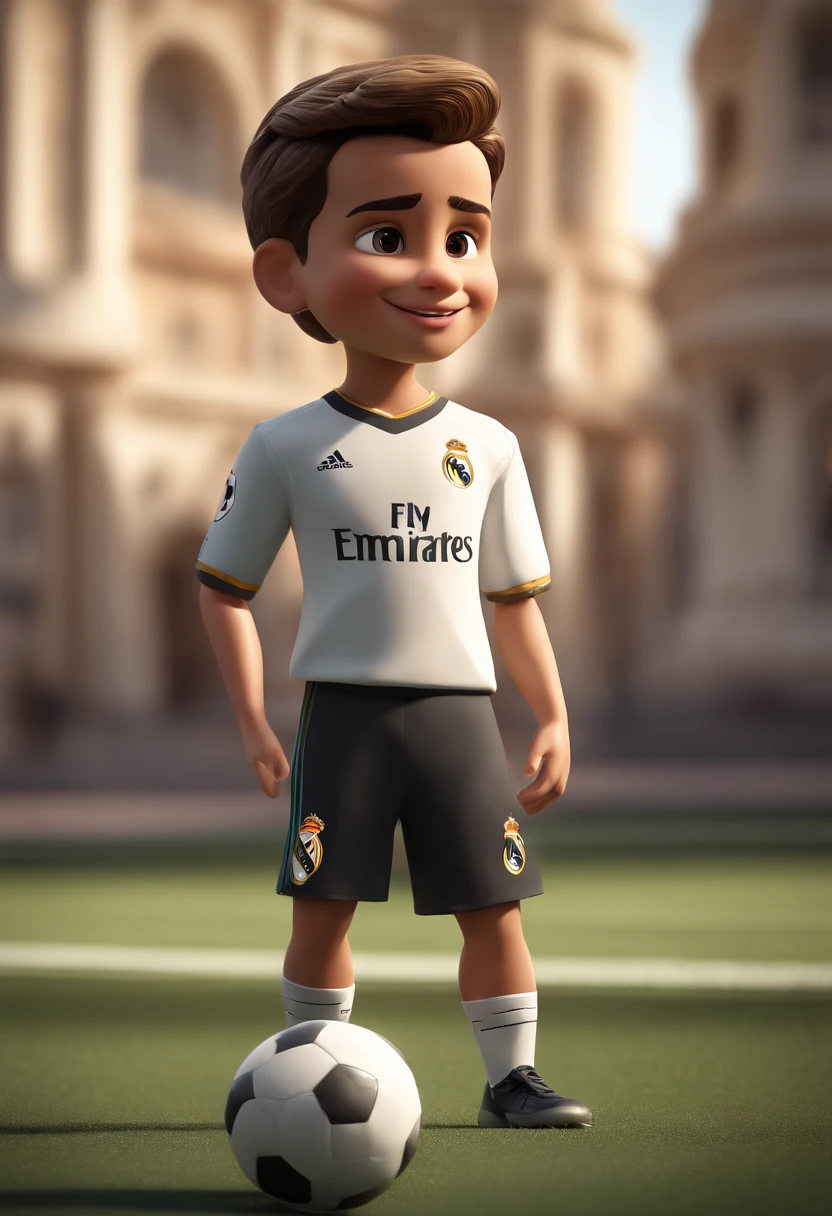 best quality,8k,highres,masterpiece:1.2),ultra-detailed,(realistic,photorealistic,photo-realistic:1.37), pelo rubio un poco largo real madrid disney style,chibi,full body,playing soccer,smiling,unreal engine,detailed,Ultra High Definition,8k pelo rubio un poco largo real madrid