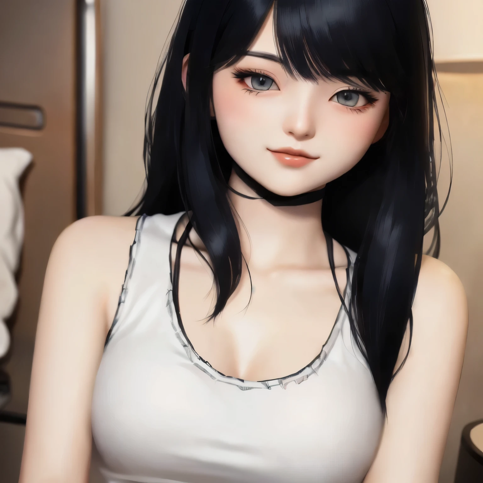cute girl with long black hair and realistic girl artstyle, attractive cute girl, realistic young cute girl, seductive cutegirl,  semi realistic girl , realistic girl 3 d style,   