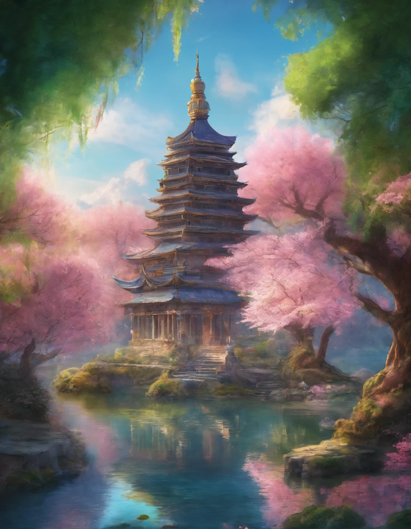 absurd, highres, ultra detailed, beautiful, masterpiece, best quality,Ancient temples, lush gardens, bright colors, quiet ponds, traditional architecture, cherry blossoms