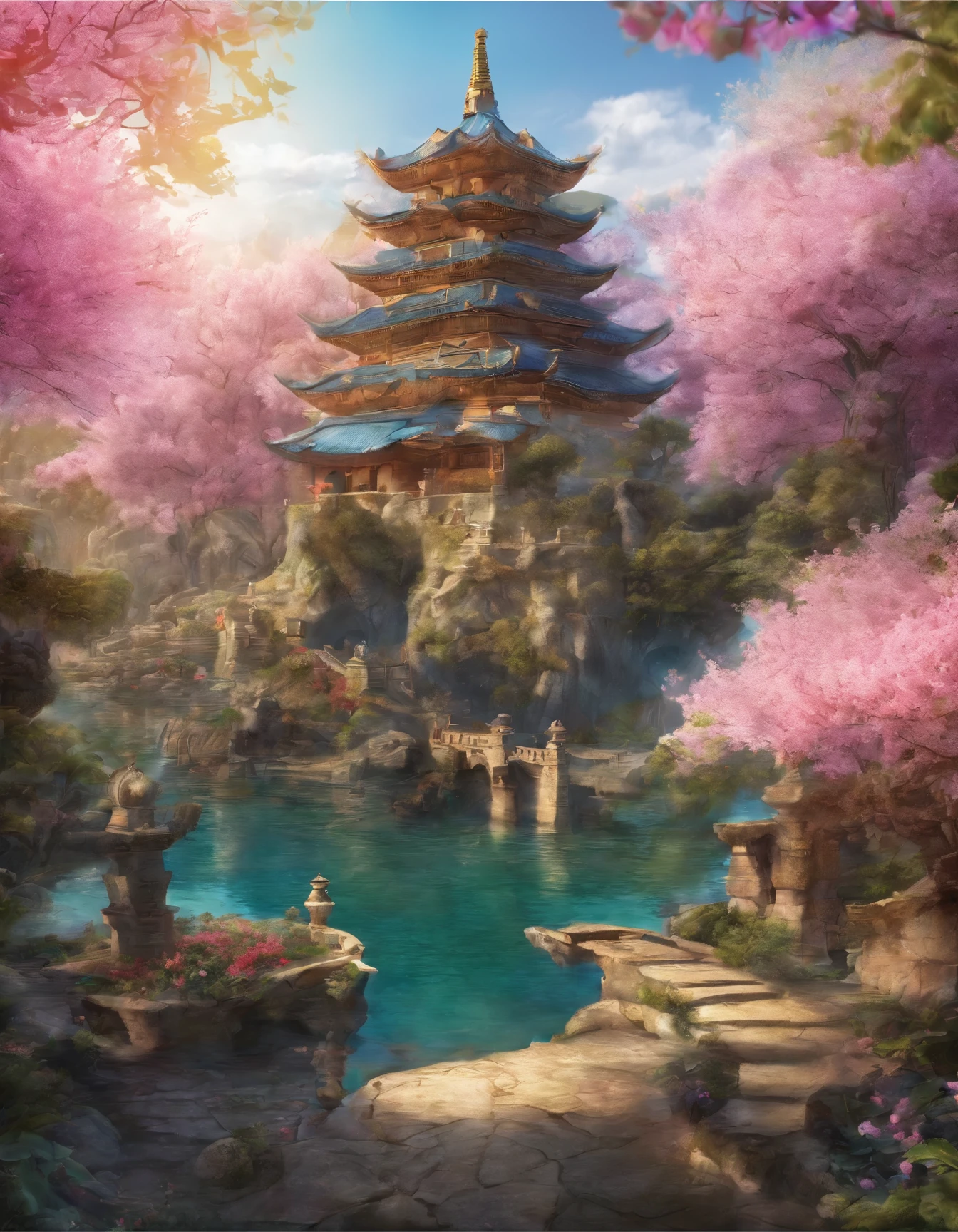 absurd, highres, ultra detailed, beautiful, masterpiece, best quality,Ancient temples, lush gardens, bright colors, quiet ponds, traditional architecture, cherry blossoms